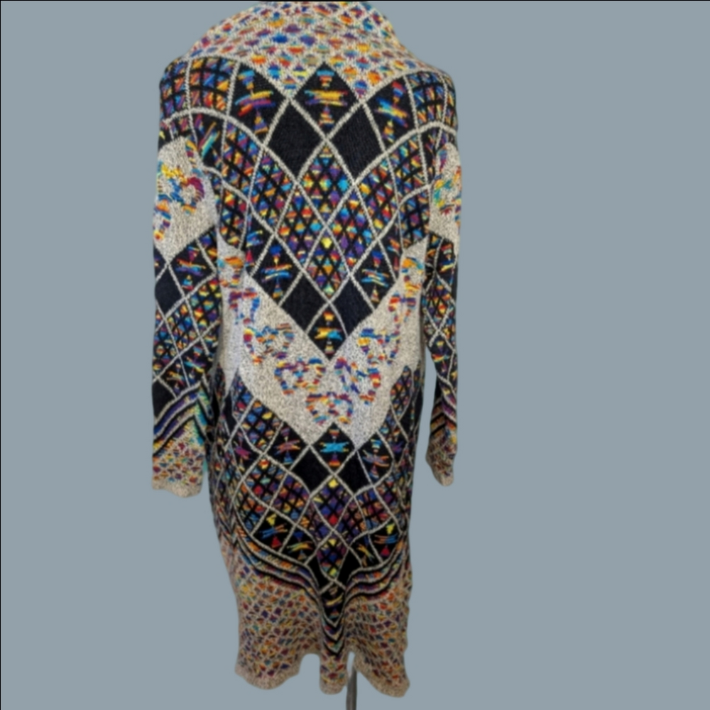 Cardigan Hooded Open Front Bohemian Hippie Geometric Patterned Long Sweater NWT